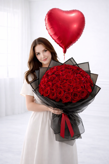 Heartfelt Grandeur – Red Rose Bouquet with Heart Balloon