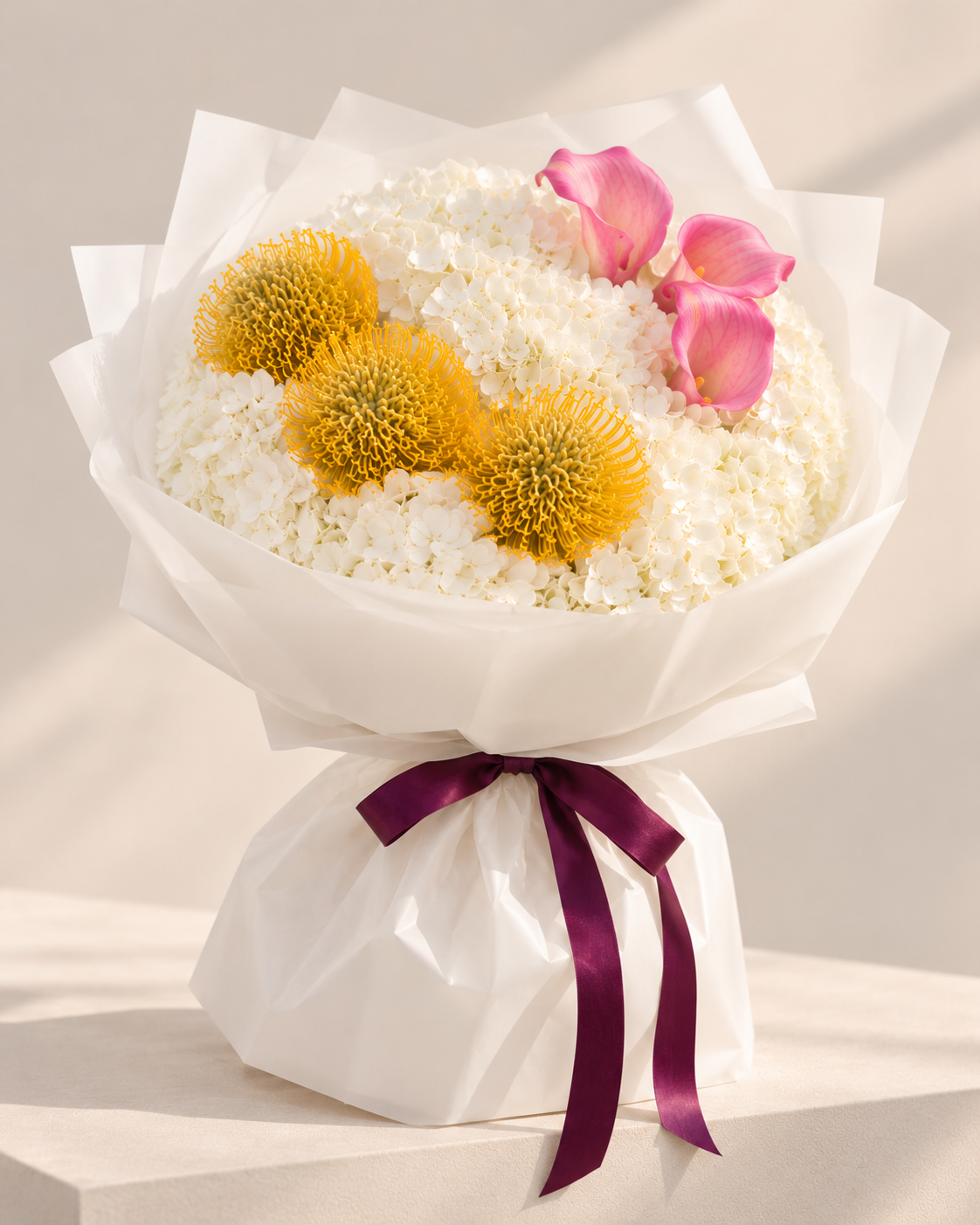 Sunlit Elegance – White Hydrangea & Yellow Leucospermum Bouquet