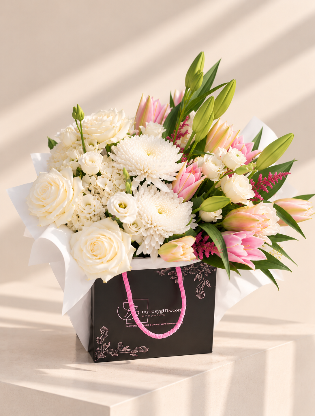 Blush & Ivory Grace – Premium Bag Flower Arrangement