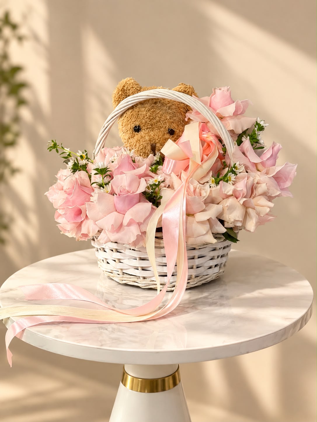 Cuddly Pink Charm – Teddy Bear & Pink Roses Basket