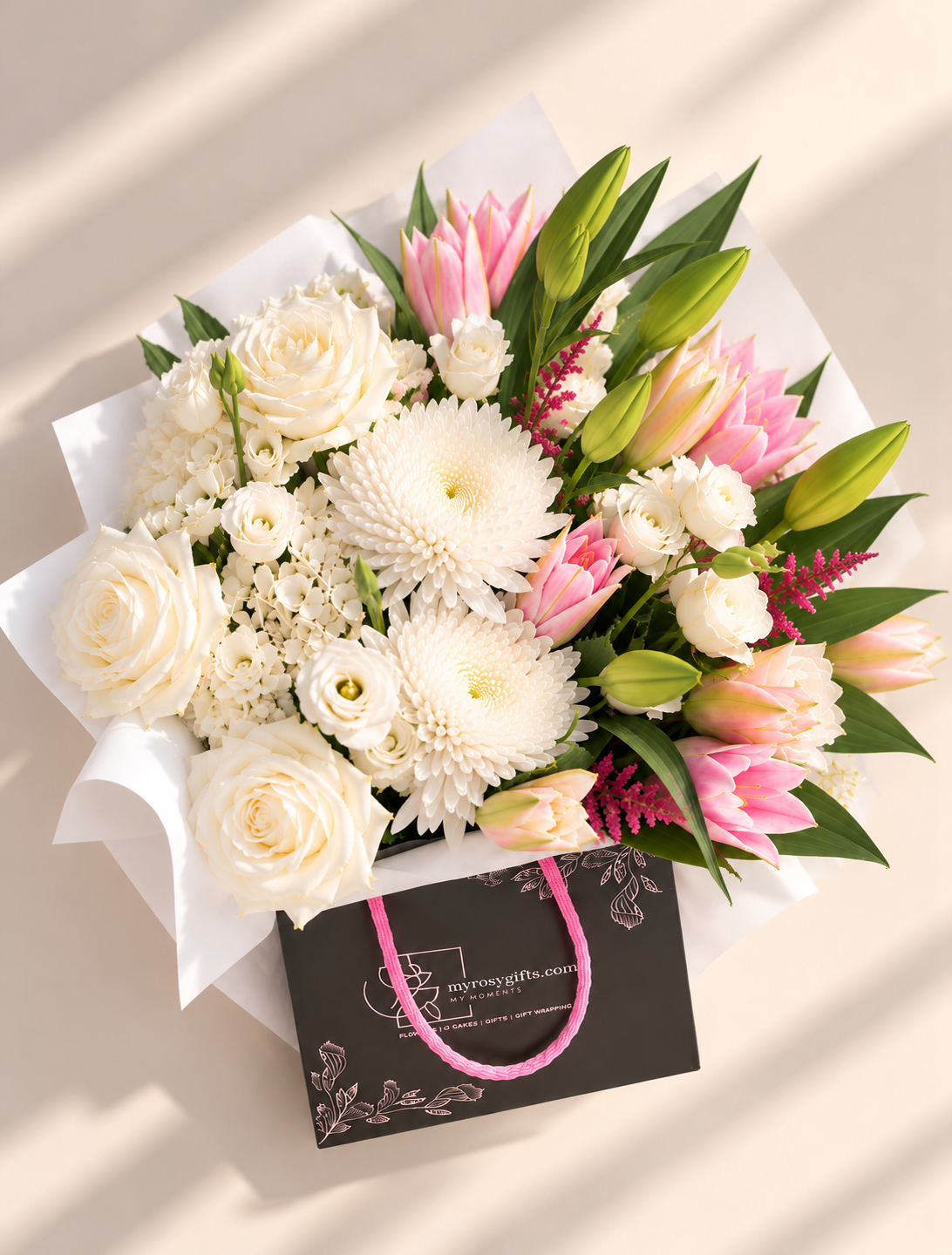 Blush & Ivory Grace – Premium Bag Flower Arrangement