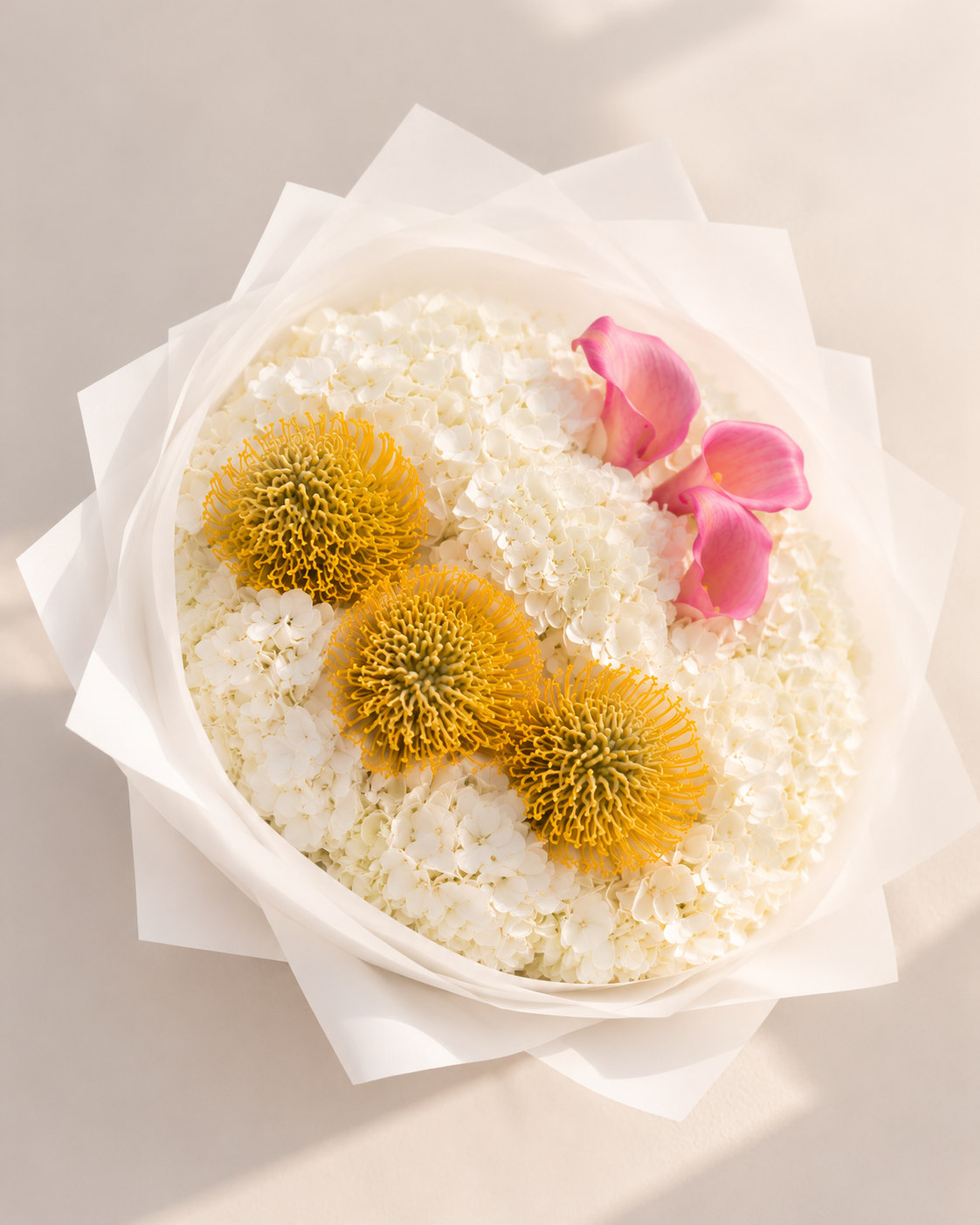 Sunlit Elegance – White Hydrangea & Yellow Leucospermum Bouquet